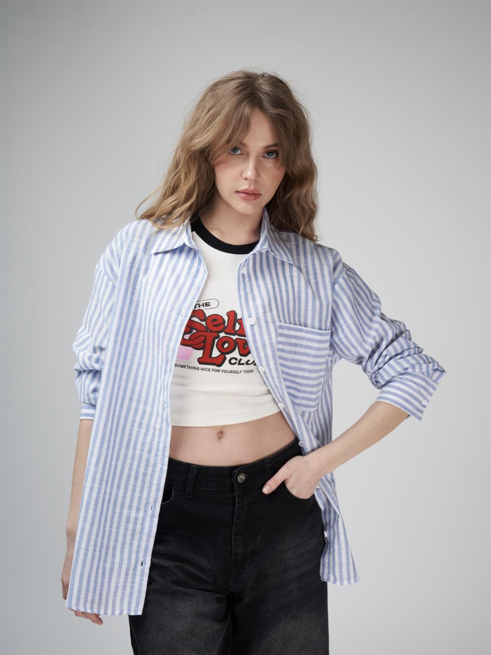 Çizgili Gömlek Lacivert-Beyaz