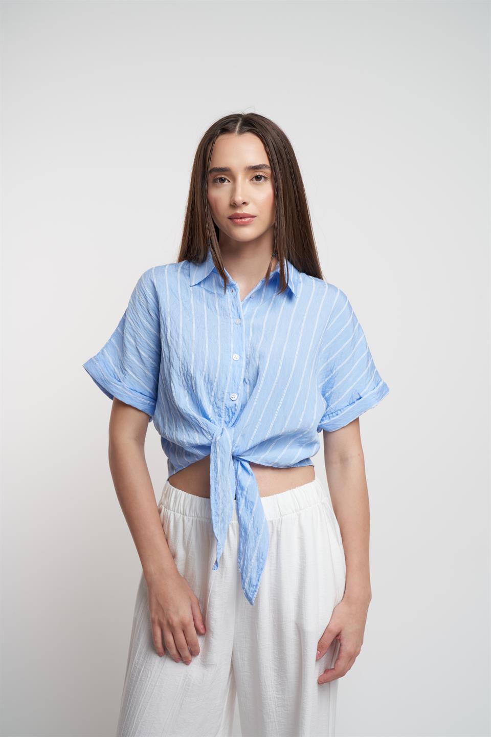 Çizgili Kısa Kol Gömlek Mavi