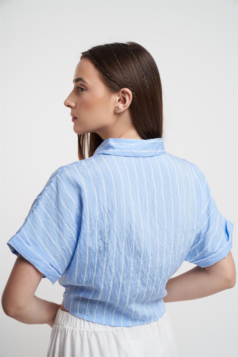 Çizgili Kısa Kol Gömlek Mavi