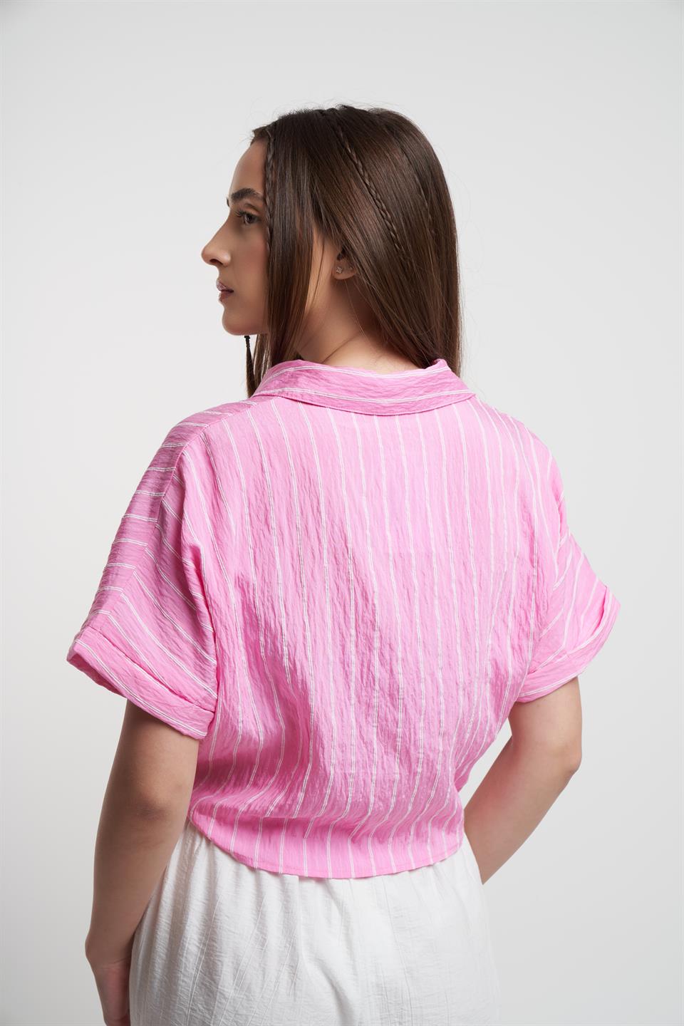 Çizgili Kısa Kol Gömlek Pembe