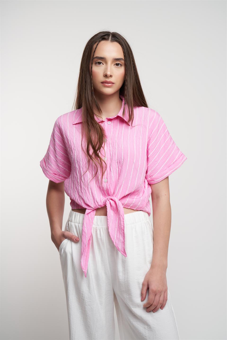 Çizgili Kısa Kol Gömlek Pembe