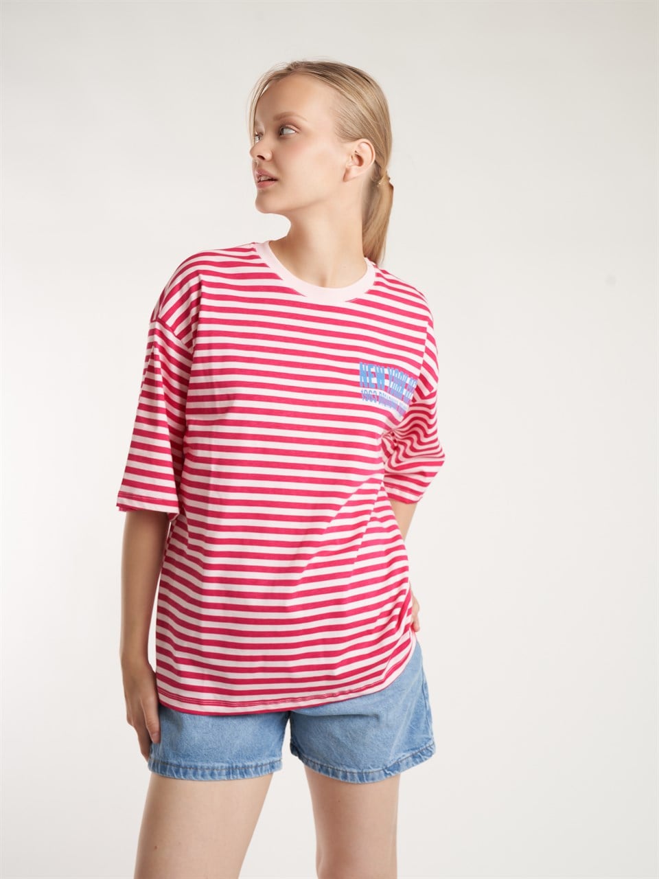 Çizgili Kısa Kol Oversize T-shirt Kırmızı-Toz Pembe