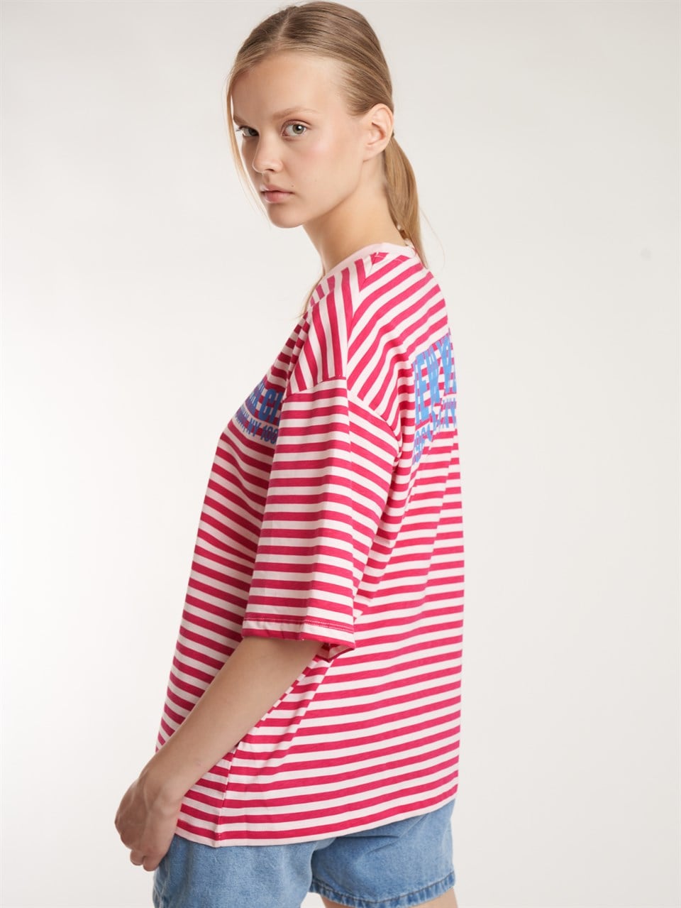 Çizgili Kısa Kol Oversize T-shirt Kırmızı-Toz Pembe