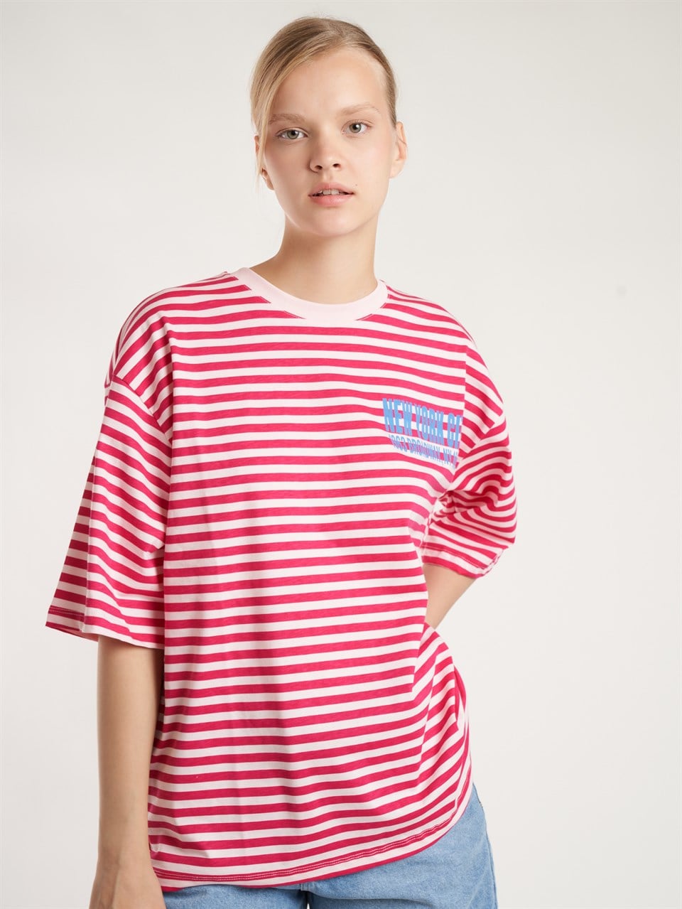Çizgili Kısa Kol Oversize T-shirt Kırmızı-Toz Pembe