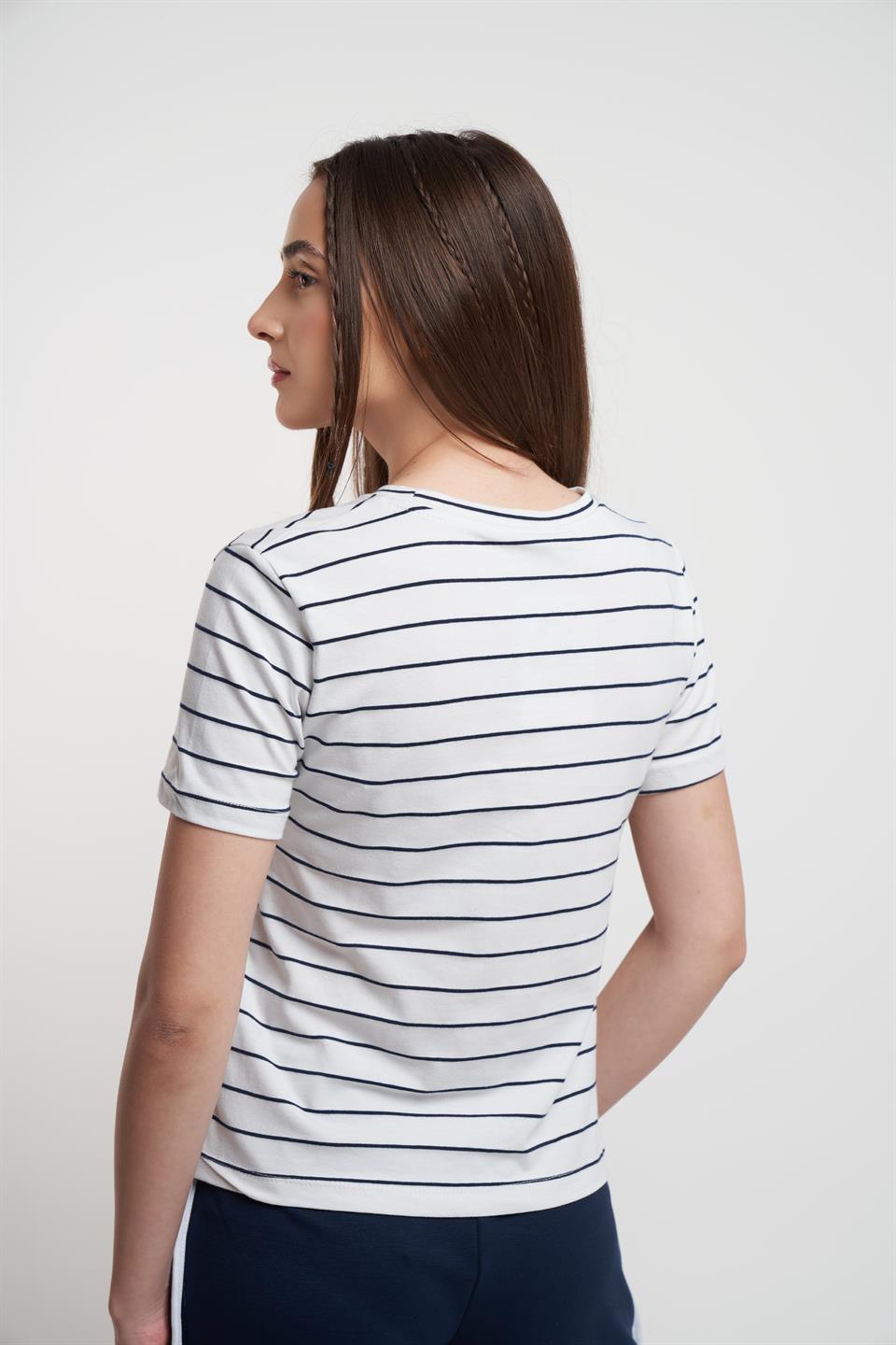 Çizgili Kısa Kol Suprem T-shirt Beyaz-Laci