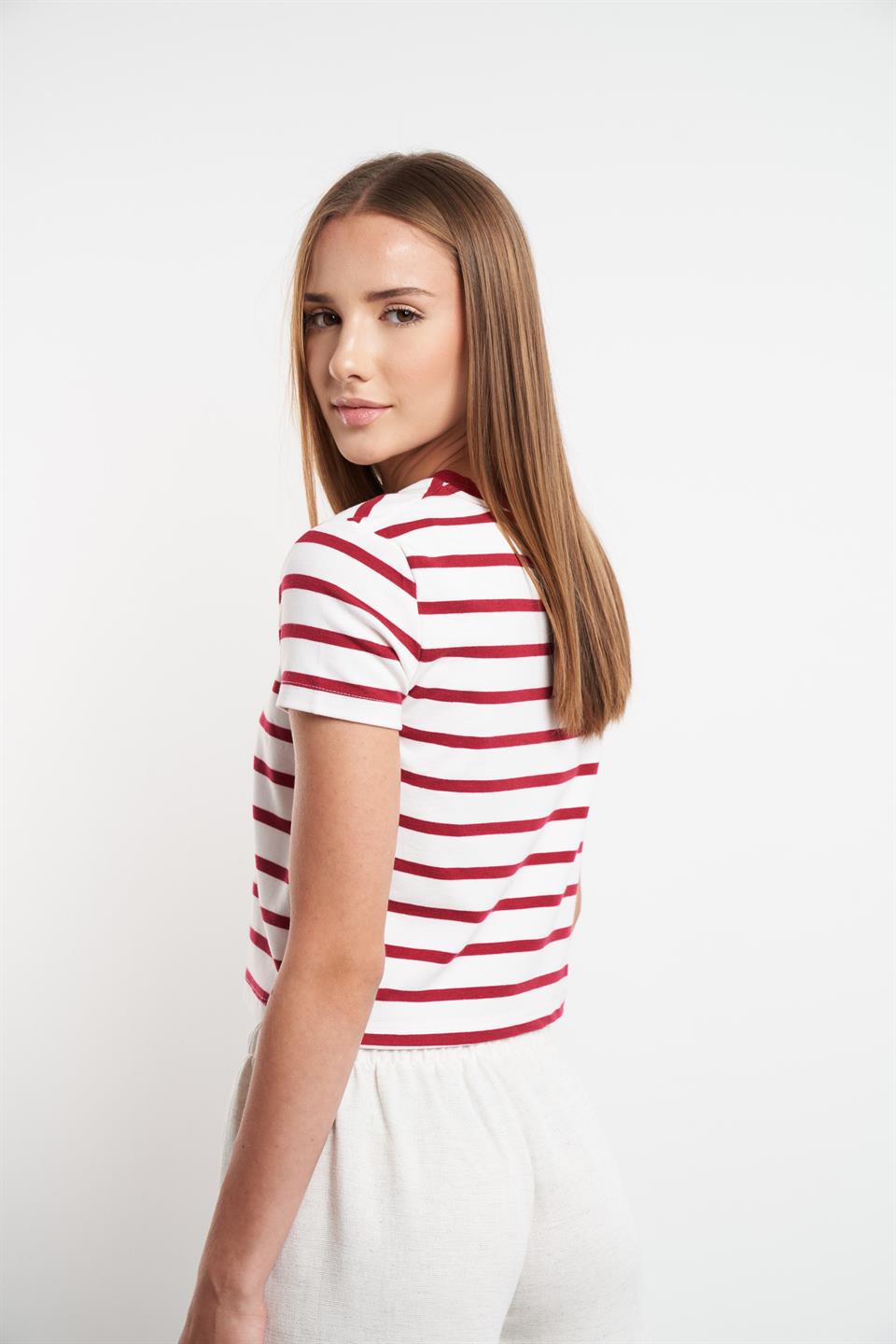 Çizgili Kısa Kol Suprem T-shirt Beyaz-Bordo