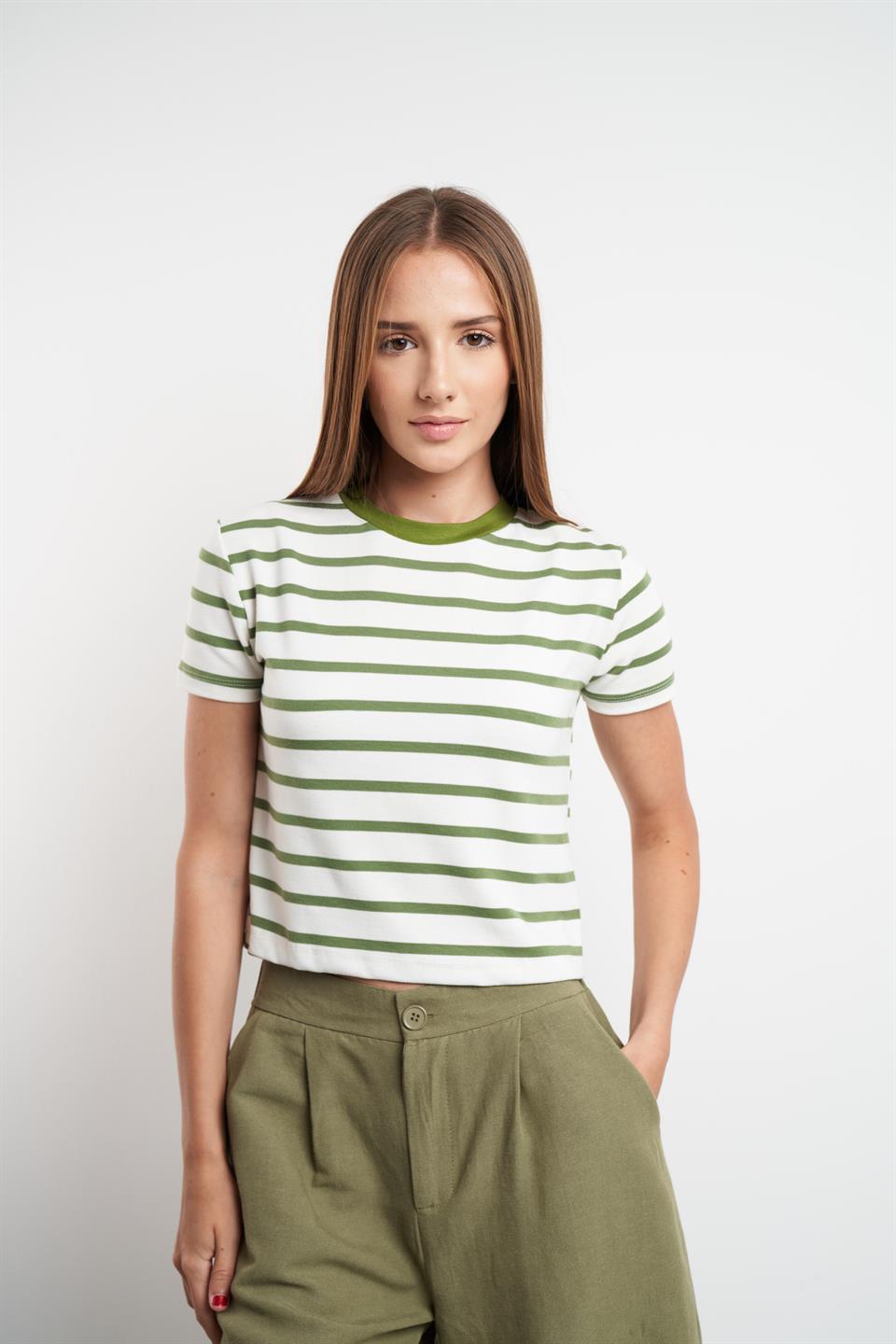 Çizgili Kısa Kol Suprem T-shirt Beyaz-Yeşil