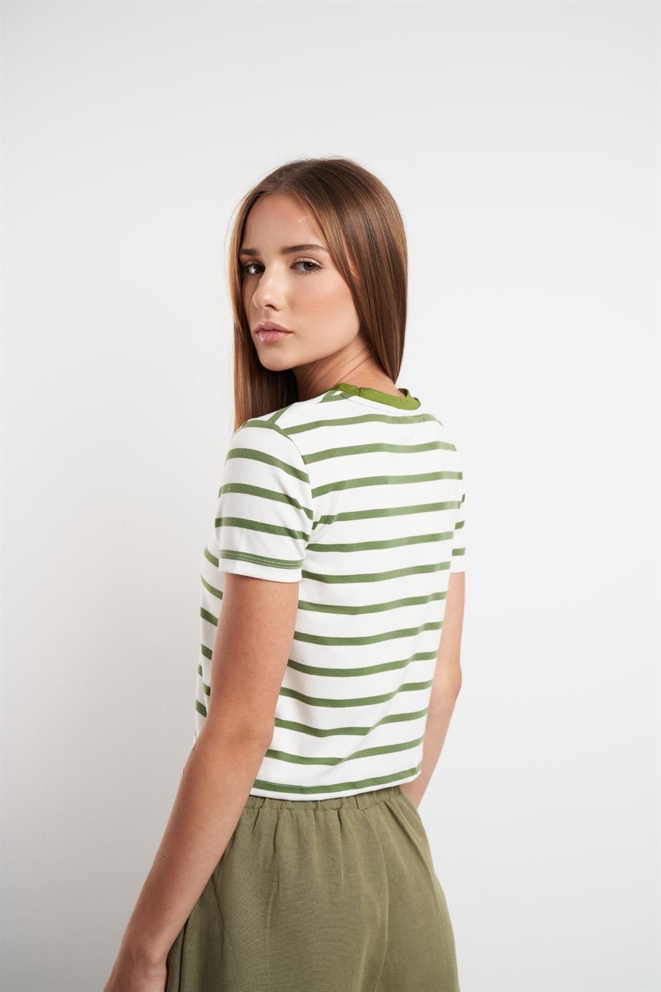 Çizgili Kısa Kol Suprem T-shirt Beyaz-Yeşil