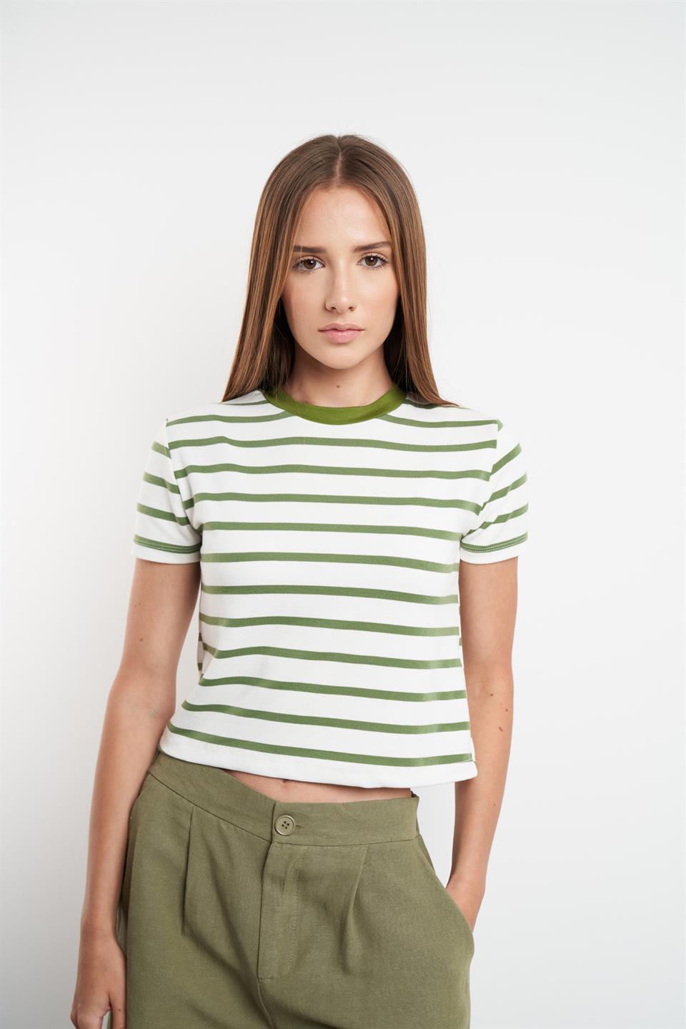 Çizgili Kısa Kol Suprem T-shirt Beyaz-Yeşil