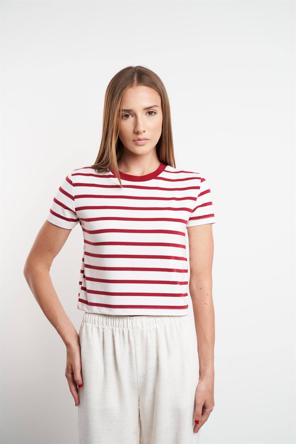 Çizgili Kısa Kol Suprem T-shirt Beyaz-Bordo