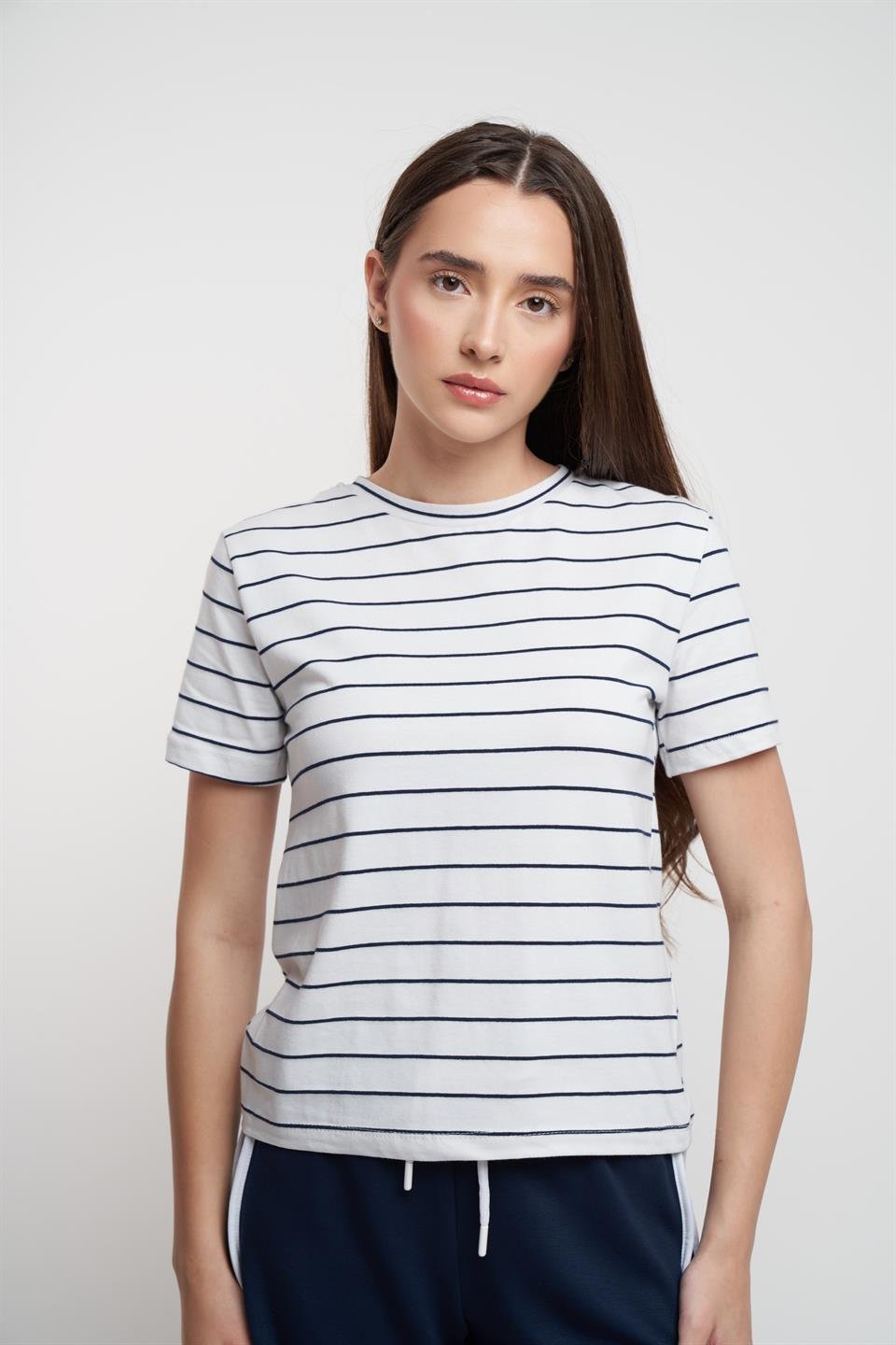 Çizgili Kısa Kol Suprem T-shirt Beyaz-Laci