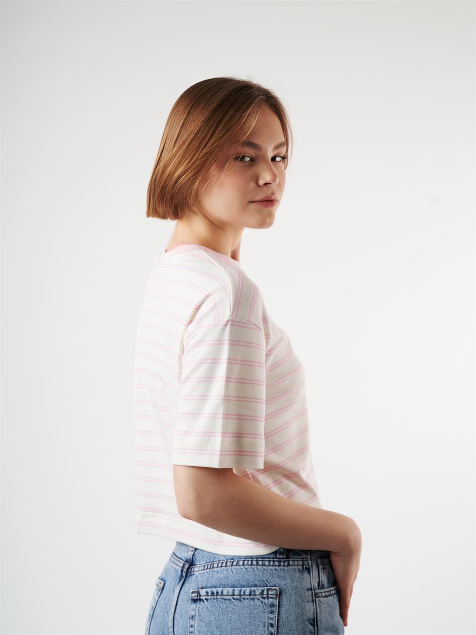 Çizgili Kısa Kol T-shirt Ekru-Toz Pembe