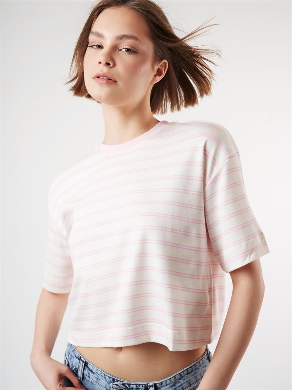 Çizgili Kısa Kol T-shirt Ekru-Toz Pembe