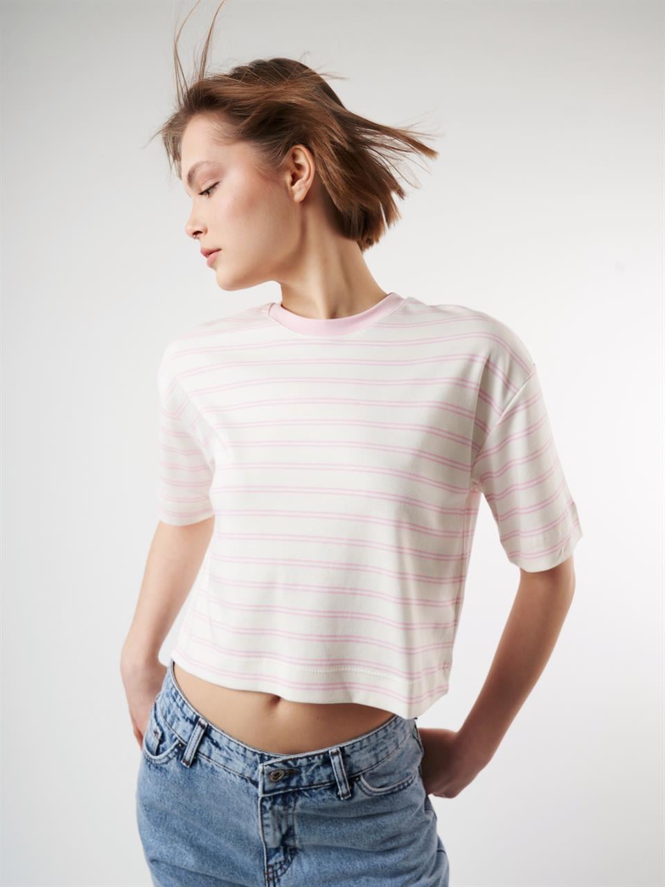 Çizgili Kısa Kol T-shirt Ekru-Toz Pembe