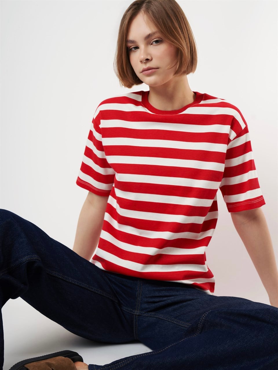 Çizgili Kısa Kol T-shirt Kırmızı-Beyaz