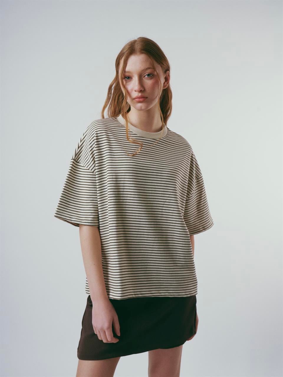 Çizgili Kısa Kol T-shirt Krem-Kahve