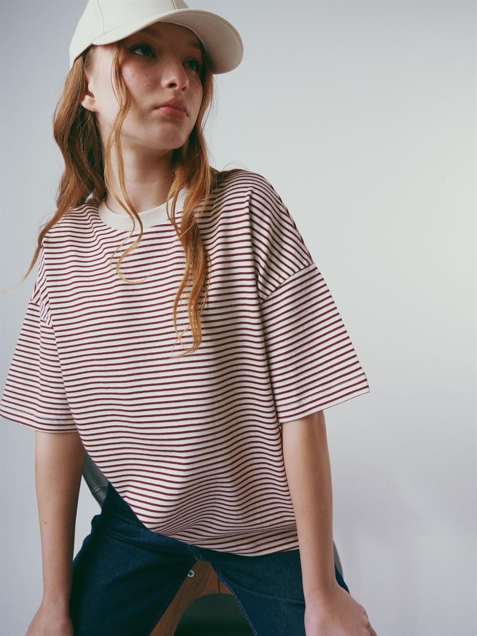 Çizgili Kısa Kol T-shirt Krem-Mürdüm