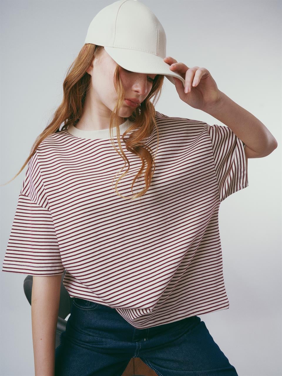 Çizgili Kısa Kol T-shirt Krem-Mürdüm
