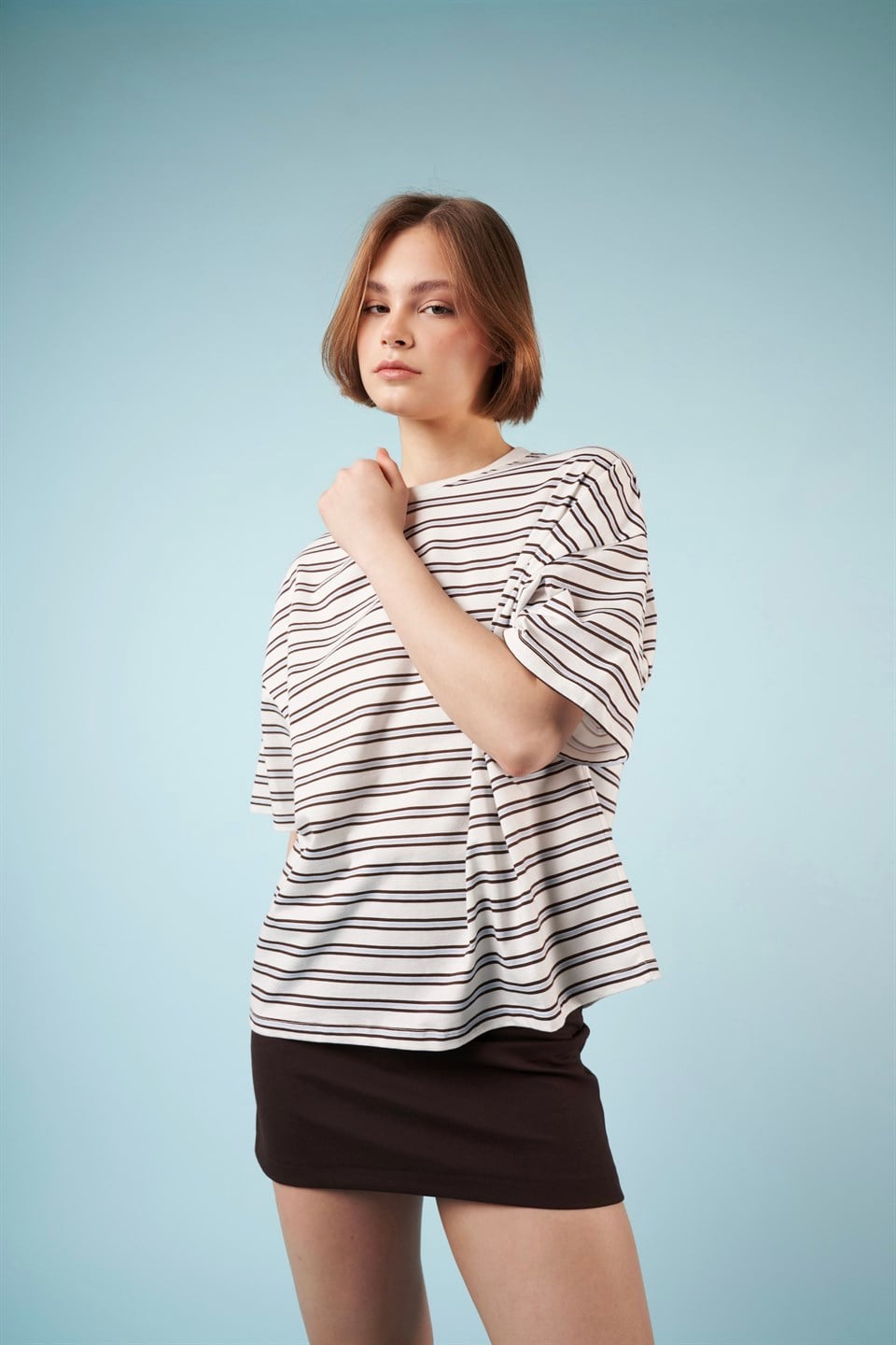 Çizgili Kısa Kol T-shirt Mavi-Ekru
