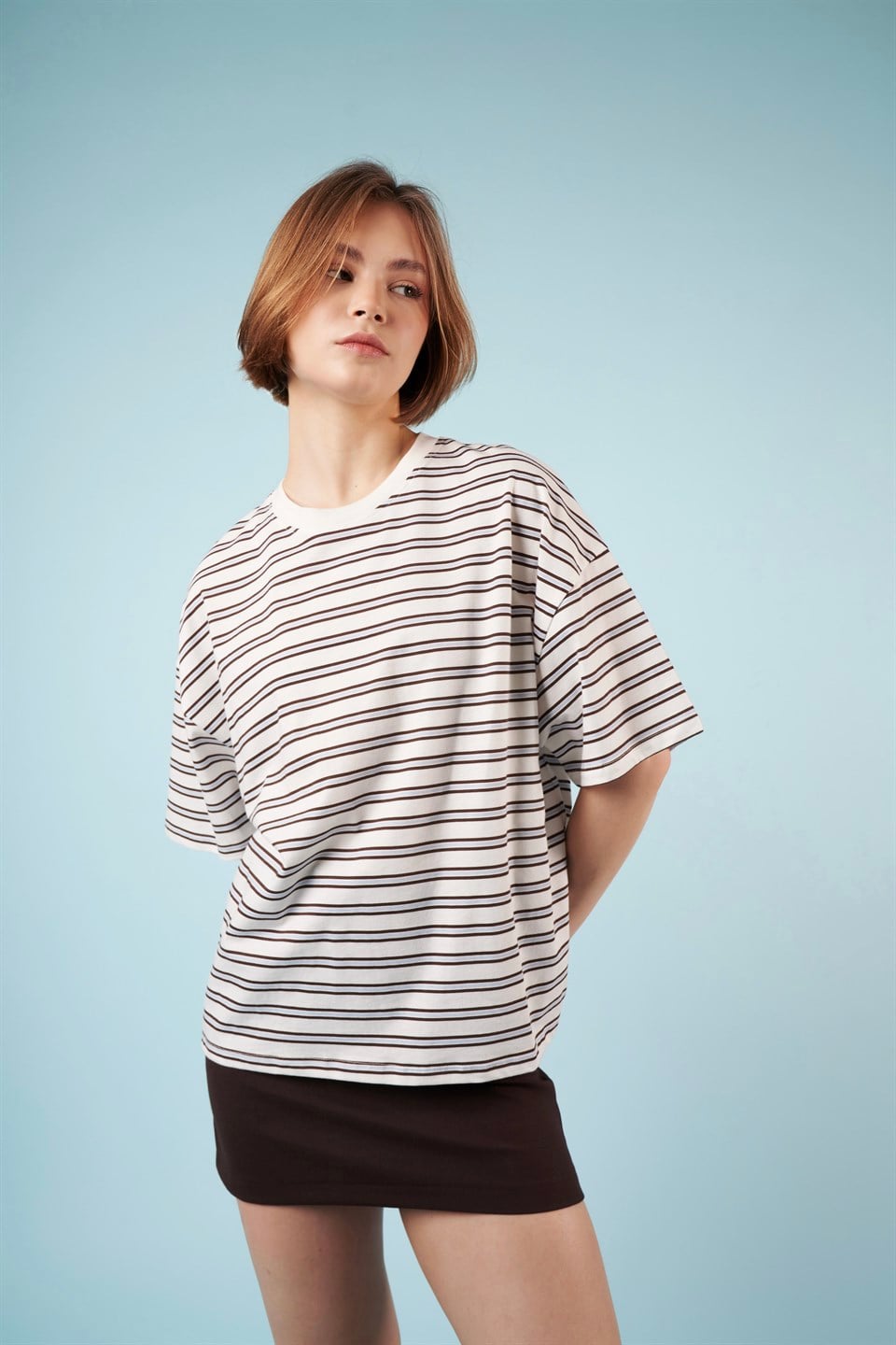 Çizgili Kısa Kol T-shirt Mavi-Ekru