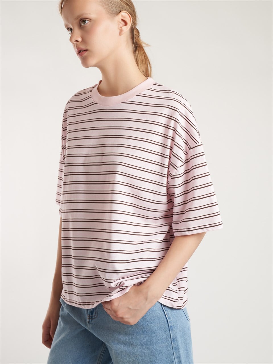 Çizgili Kısa Kol T-shirt Pembe
