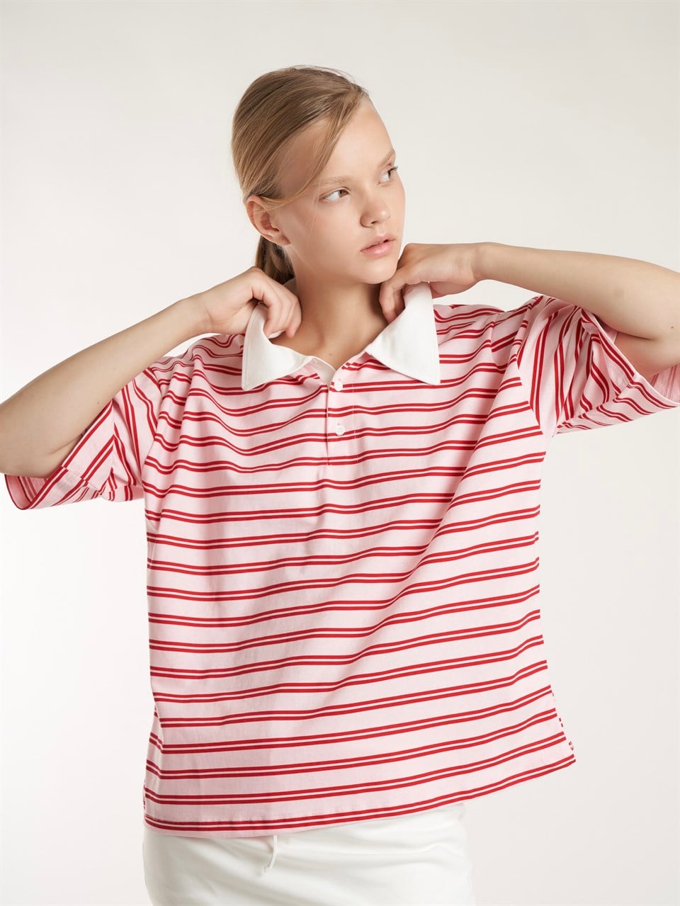 Çizgili Kısa Kol T-shirt Pembe