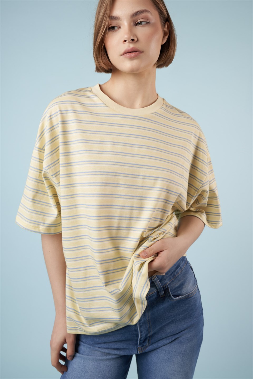 Çizgili Kısa Kol T-shirt Sarı