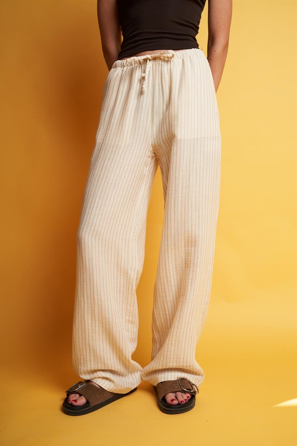 Çizgili Müslin Bol Paça Pantolon Krem