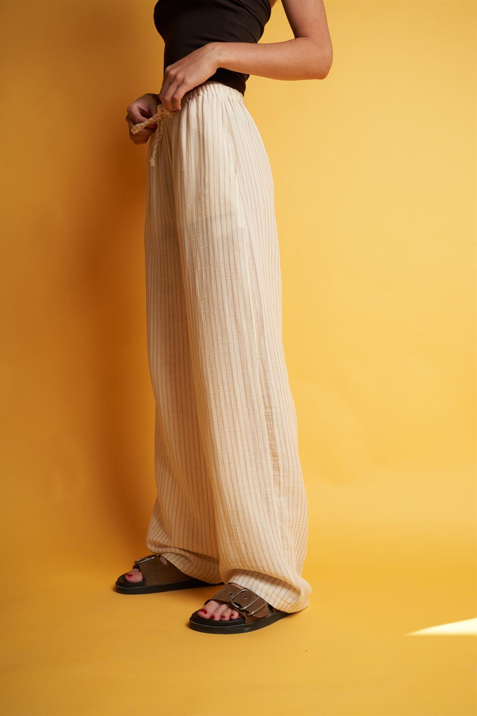 Çizgili Müslin Bol Paça Pantolon Krem