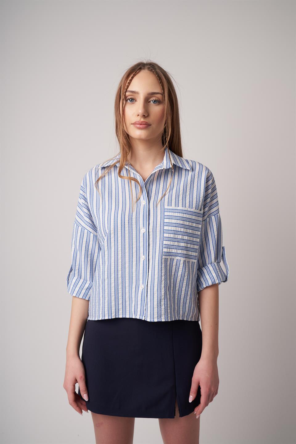 Çizgili Uzun Kol Gömlek Ekru-Mavi