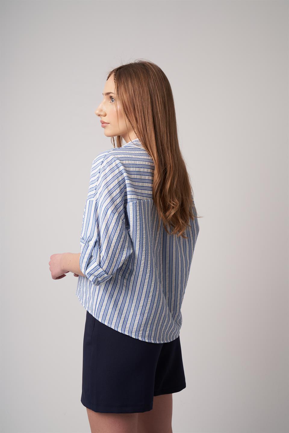 Çizgili Uzun Kol Gömlek Ekru-Mavi