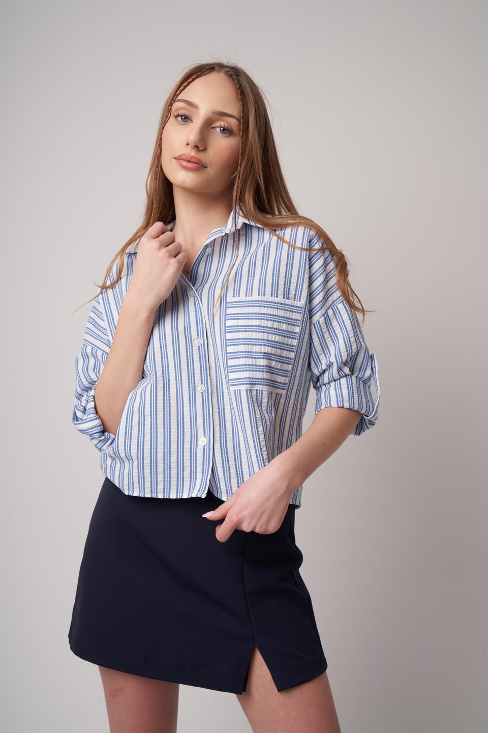 Çizgili Uzun Kol Gömlek Ekru-Mavi