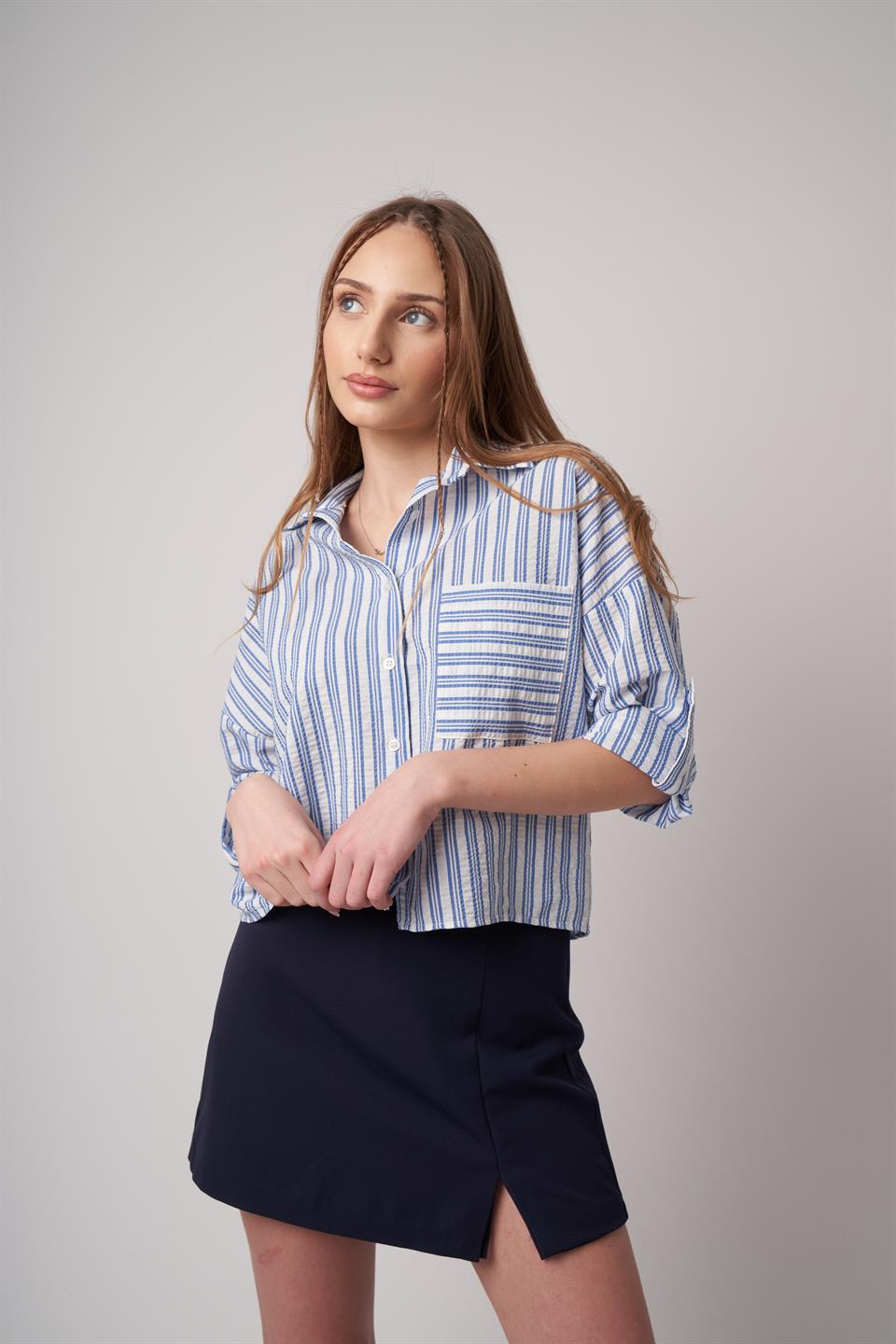 Çizgili Uzun Kol Gömlek Ekru-Mavi