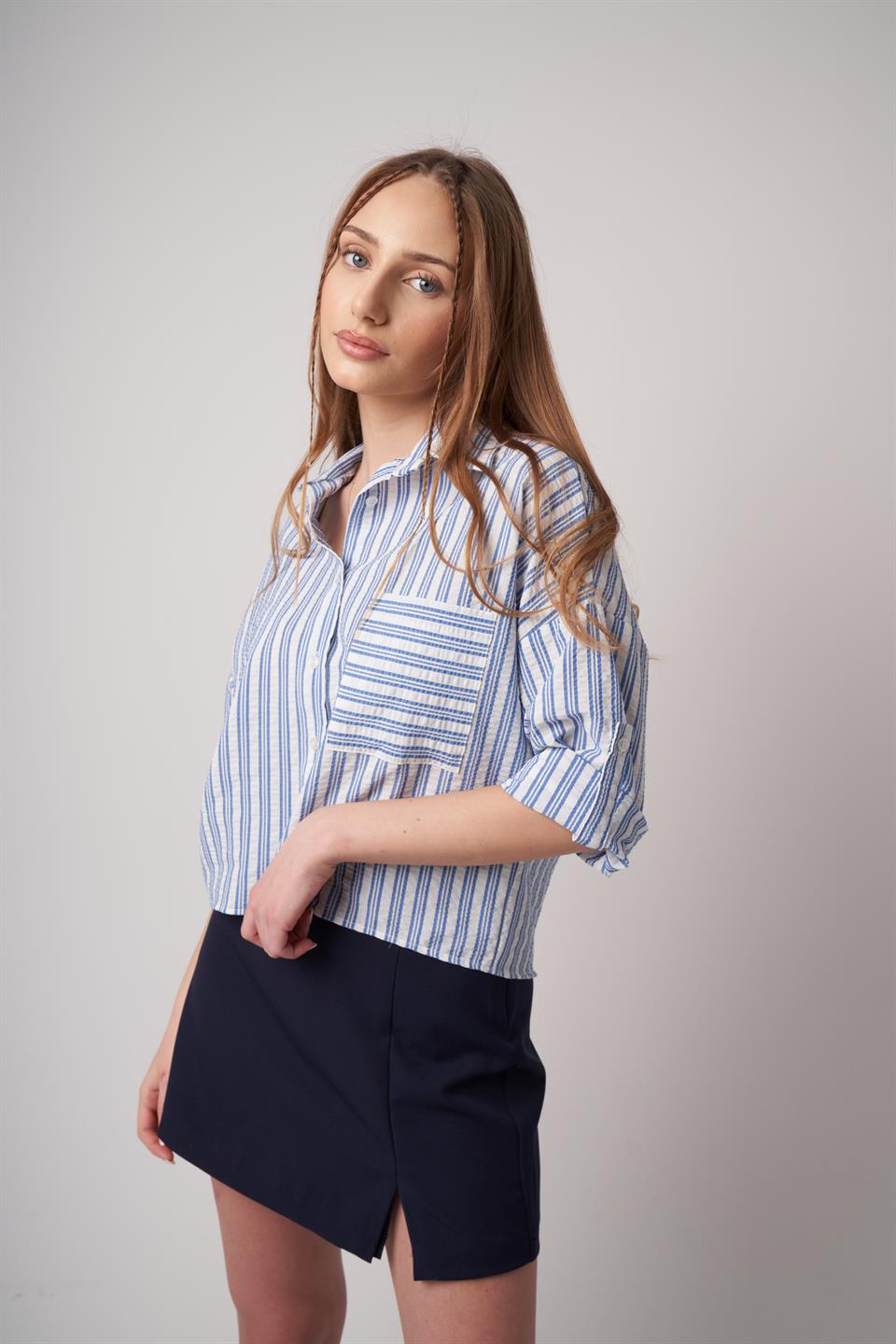 Çizgili Uzun Kol Gömlek Ekru-Mavi