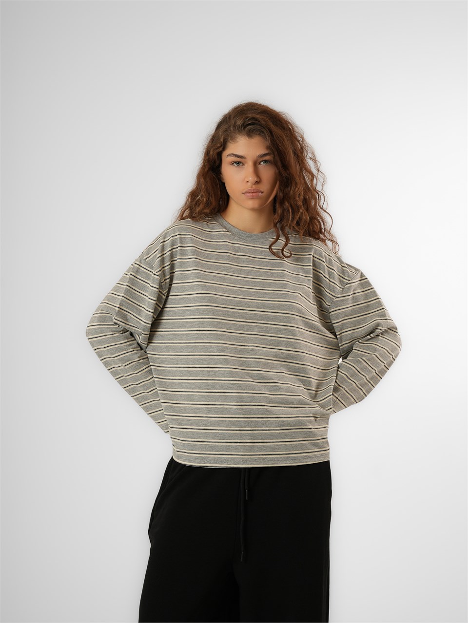 Çizgili Uzun Kol T-shirt Gri-Ekru