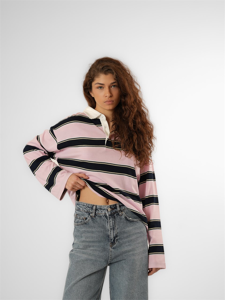 Çizgili Uzun Kol T-shirt Pembe-Lacivert