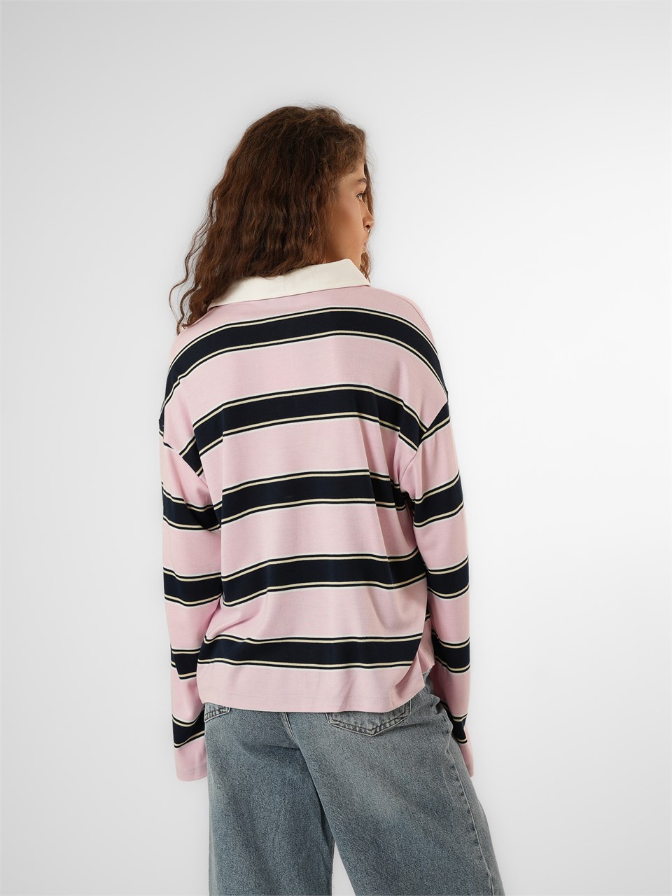 Çizgili Uzun Kol T-shirt Pembe-Lacivert