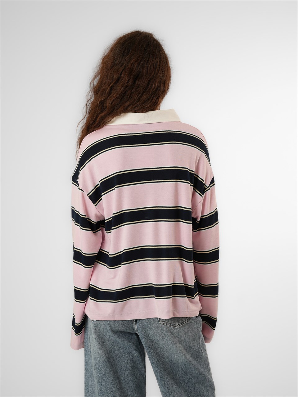 Çizgili Uzun Kol T-shirt Pembe-Lacivert