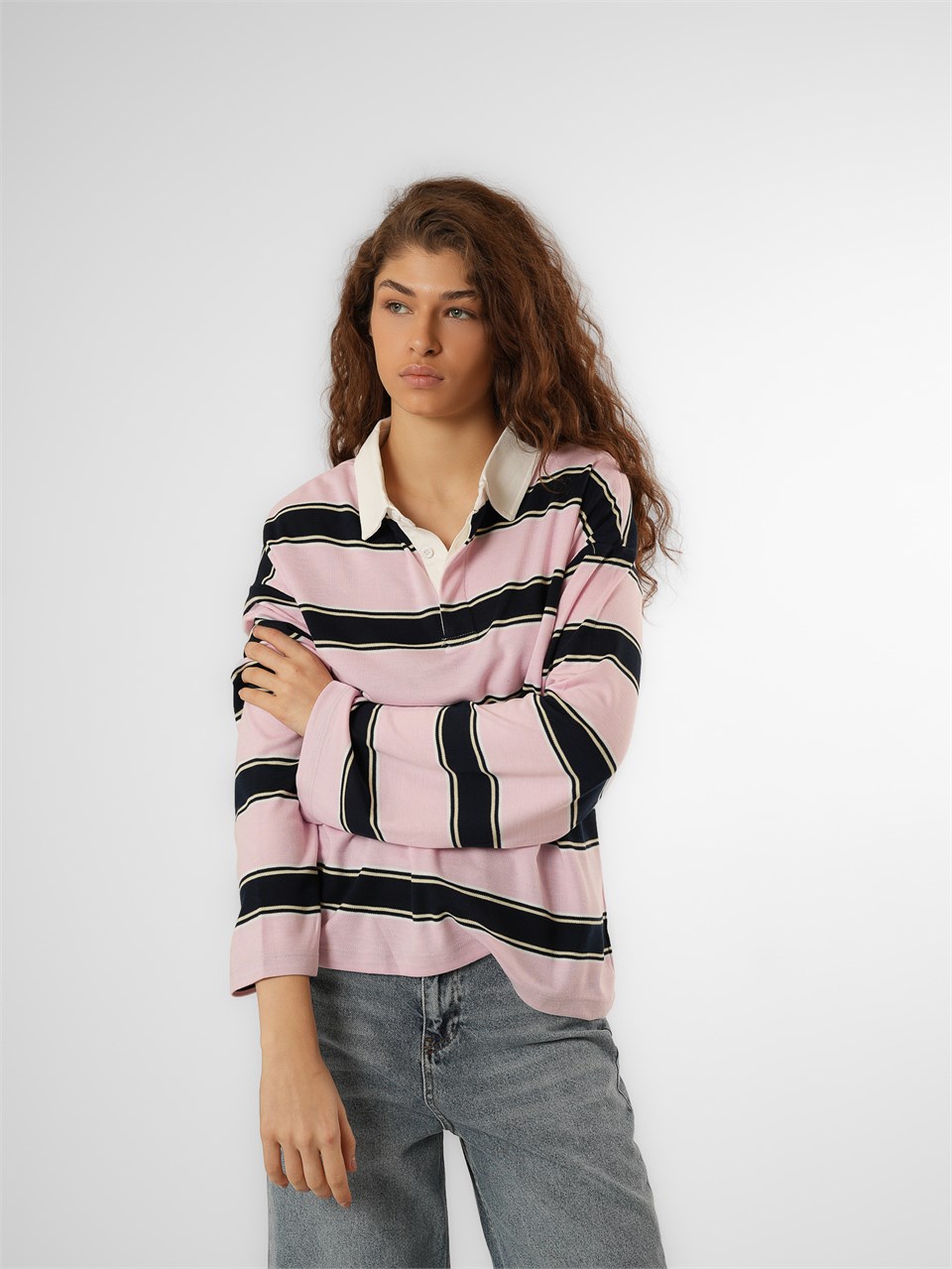 Çizgili Uzun Kol T-shirt Pembe-Lacivert