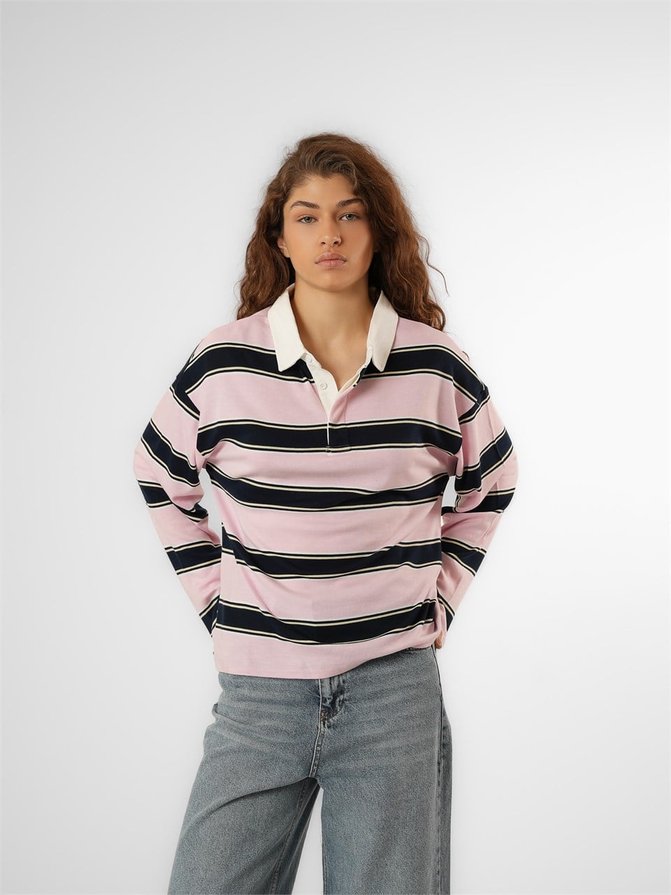 Çizgili Uzun Kol T-shirt Pembe-Lacivert