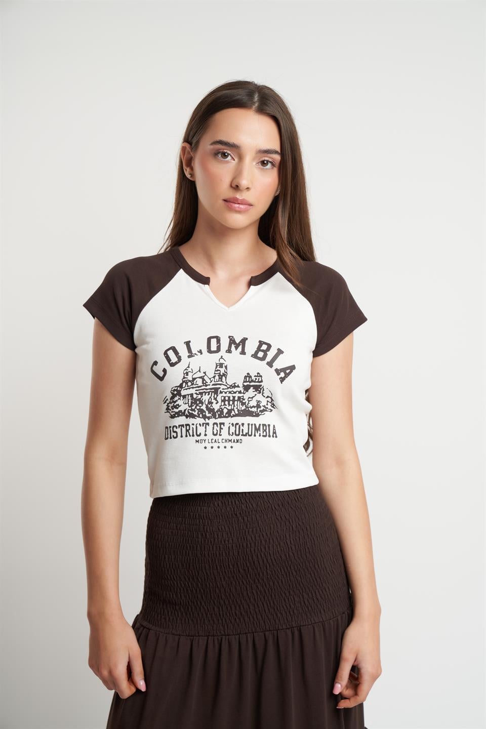 Colombia Baskılı Bluz Kahve-Ekru