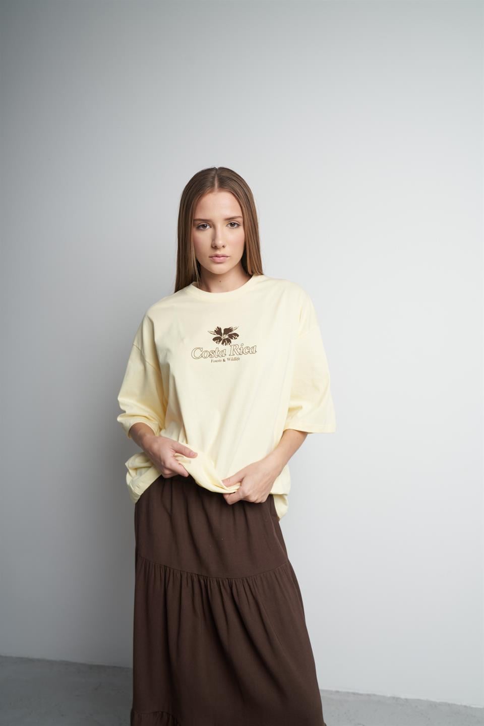 Costa Rica Baskılı Oversize Kısa Kol T-shirt Sarı