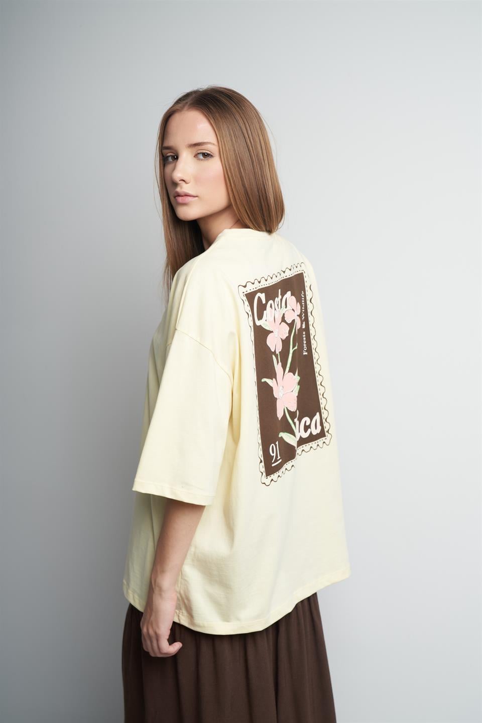 Costa Rica Baskılı Oversize Kısa Kol T-shirt Sarı