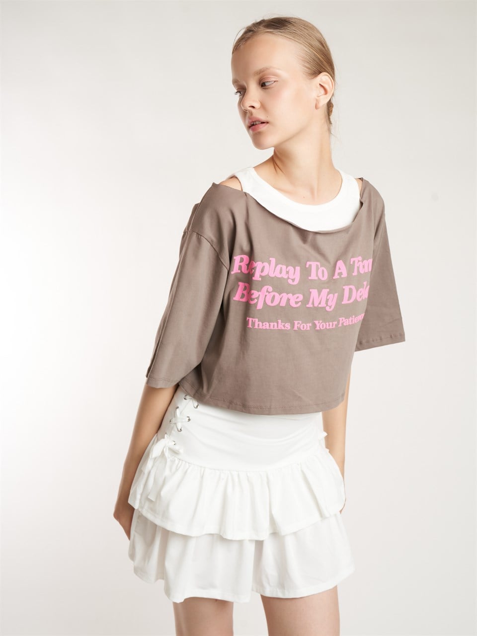 Crop Model Kısa Kol T-shirt Vizon-Ekru