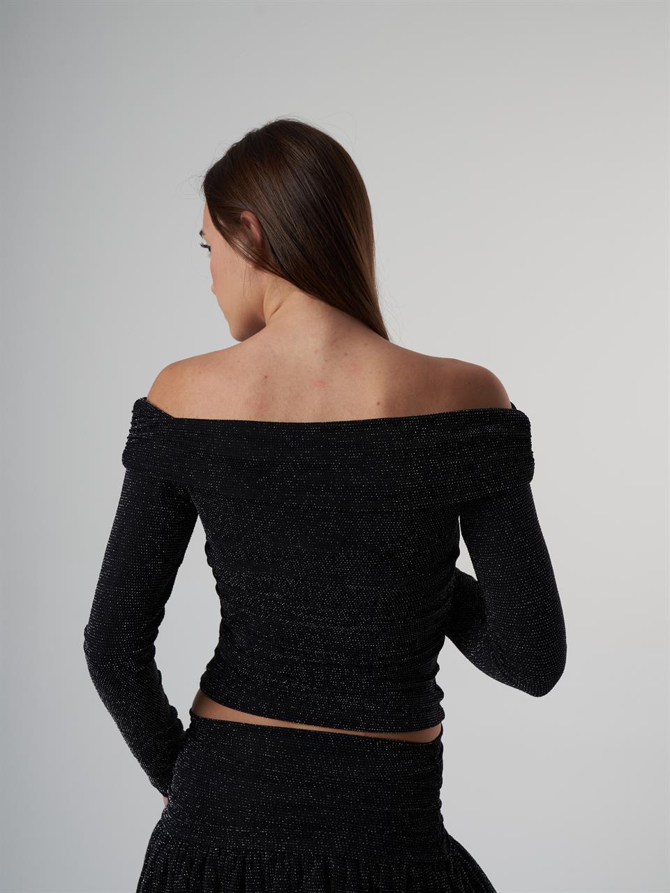 Degaje Yaka Simli Uzun Kol Bluz Siyah