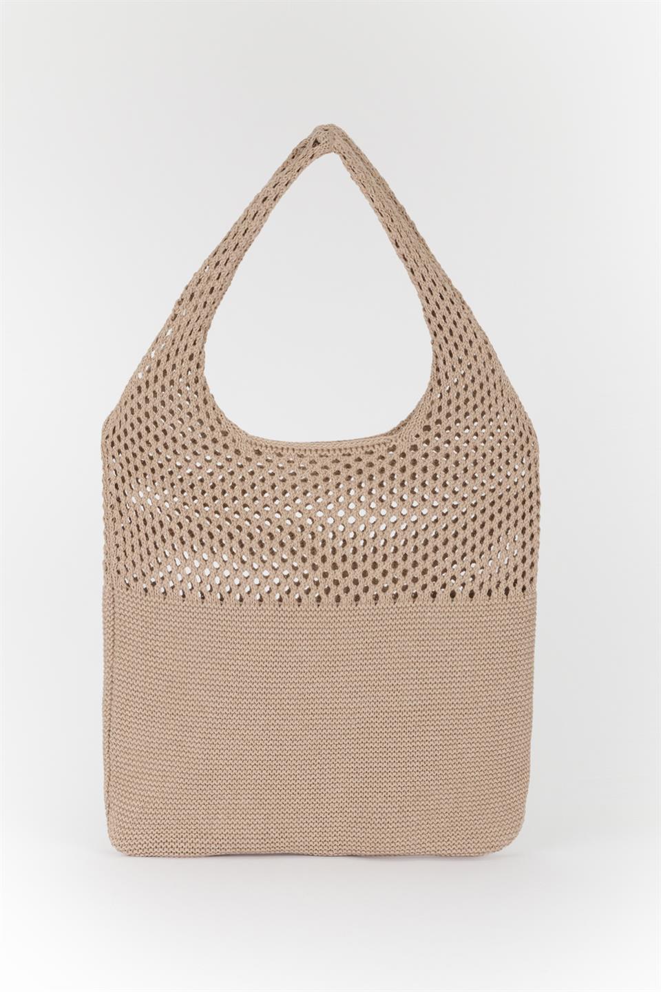 Delikli Basic Triko Omuz Çantası Vizon