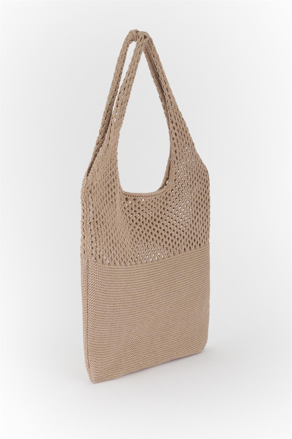 Delikli Basic Triko Omuz Çantası Vizon