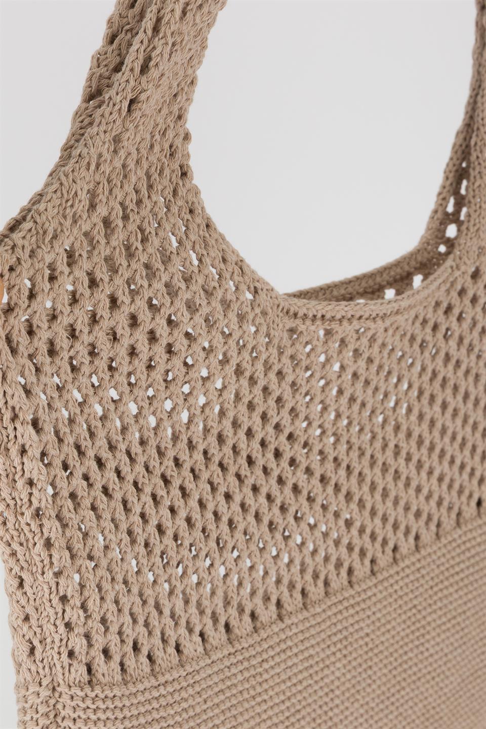 Delikli Basic Triko Omuz Çantası Vizon