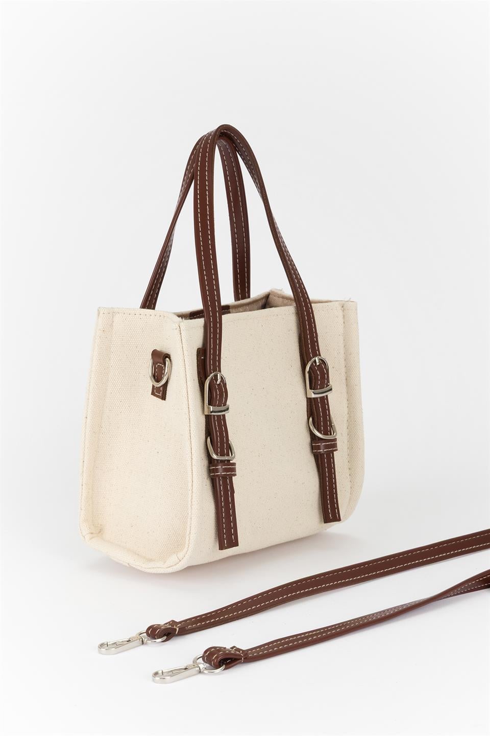Deri Saplı Keten Çapraz Çanta Ekru