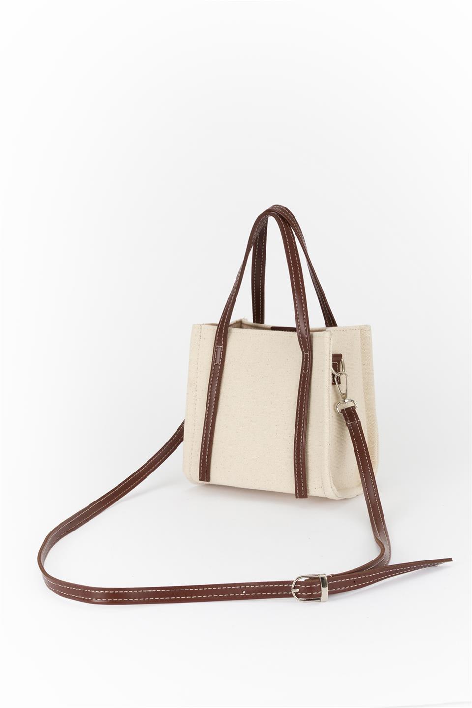 Deri Saplı Keten Çapraz Çanta Ekru